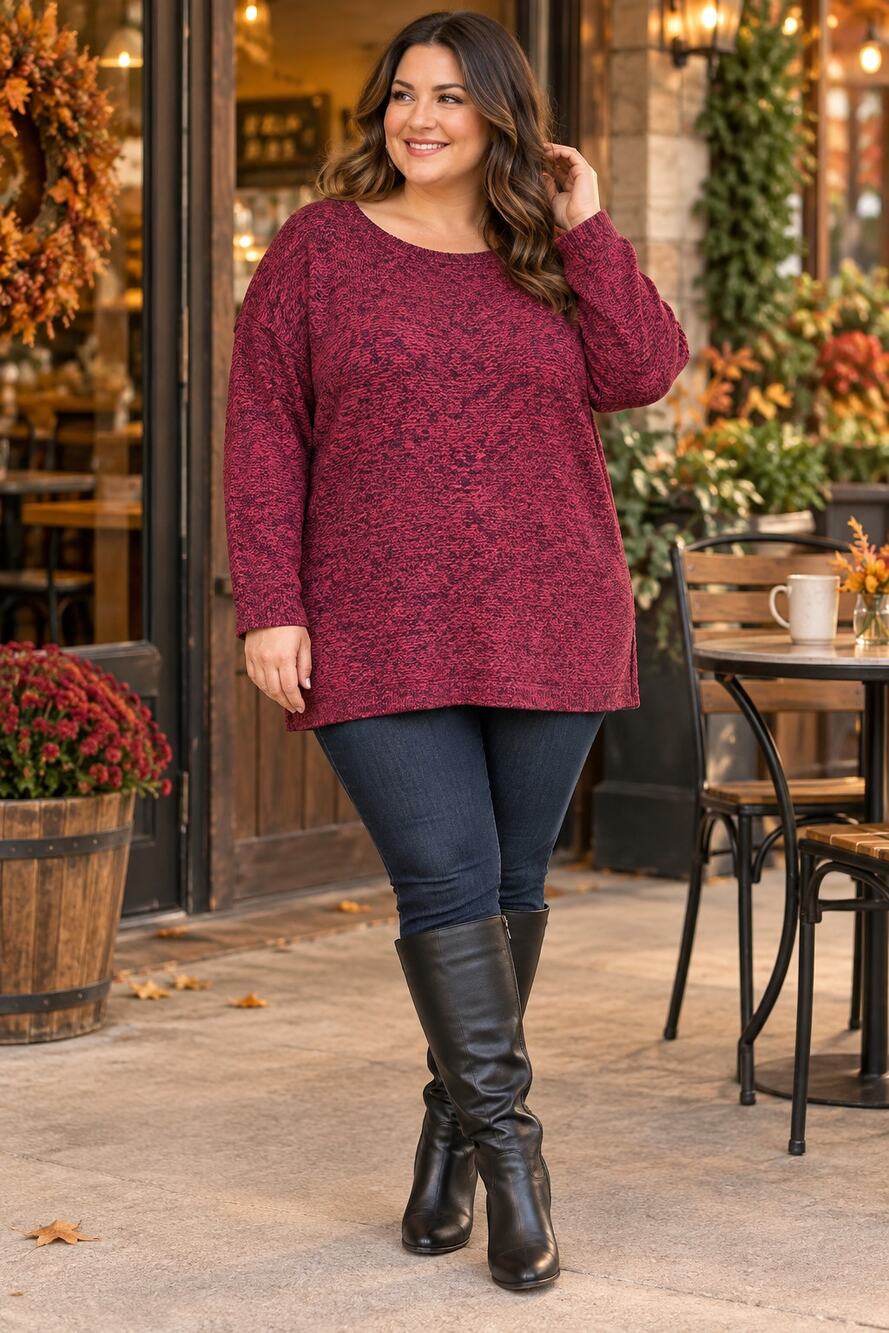 New Red Black Marled Knit Tunic Sweater Plus Size 1X Cozy Fall Pullover